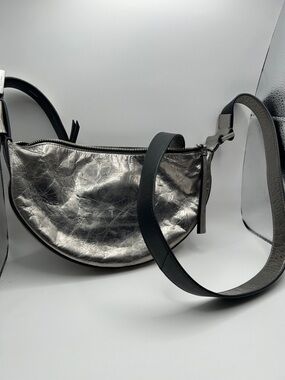 ALLSAINTS HALF MOON METALLIC LEATHER CROSSBODY BAG